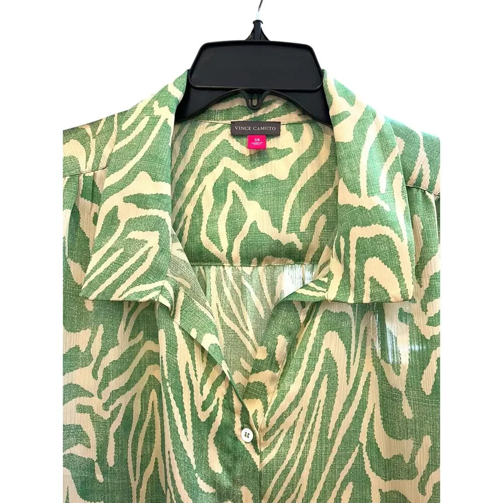 Vince Camuto Abstract Zebra Print Blouse Ruffle Top | Plus 3X, Green Cream NEW - Picture 13 of 14